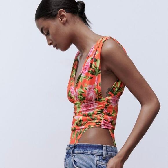 ZARA Floral Plunge Side Ruched Bodysuit Red Small S - Picture 2 of 10